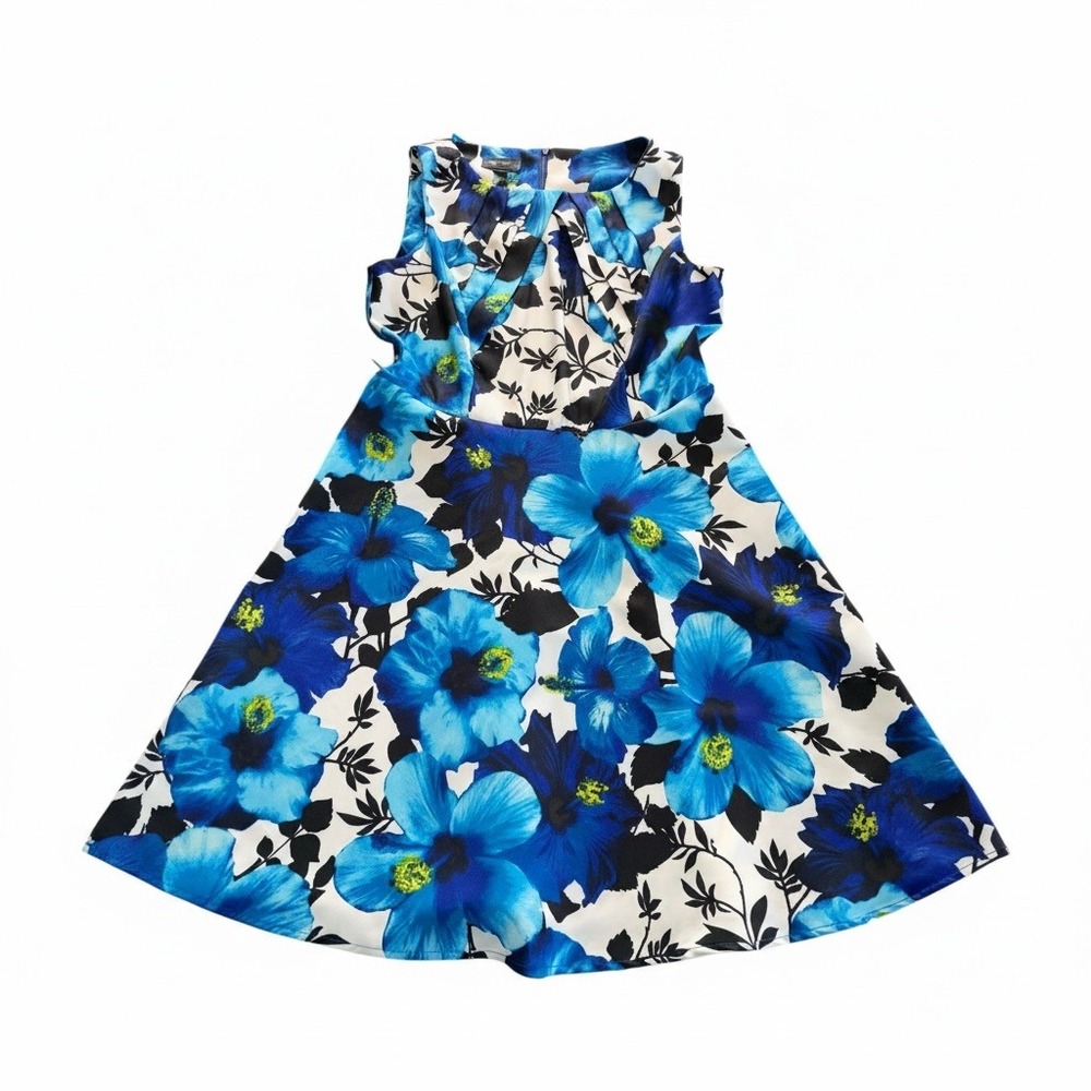 AB Studio Womens Blue Hibiscus Floral Fit Flare Dress Size 14 Sleeveless‎ Summer